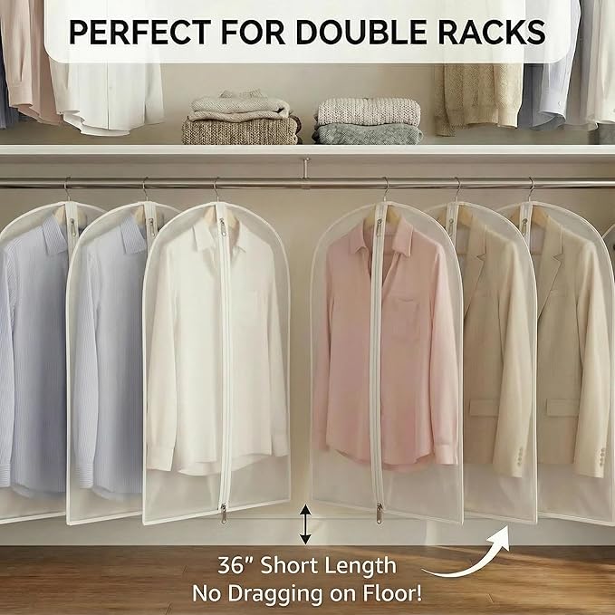 Clear Garment Bags For Hanging Clothes, 36" Women Suit Bags, Plastic Garment Bags for Closet Storage, Suit Cover Bags with Zipper for Short Coats, Jackets, Shirts 24"x36"/ 6 Pack