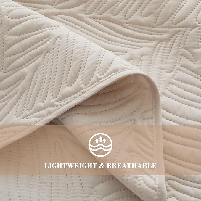 Exclusivo Mezcla King Size Quilt Bedding Set, Lightweight Brich Beige Quilts King Size for All Seasons, Soft Microfiber Bedspreads Coverlets Bed Cover with Leaf Pattern, 3 Piece