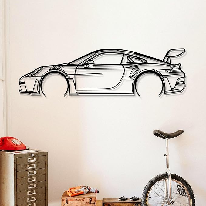 Dekory Car Wall Art – 911 GT3 RS (992) Black Metal Sports Car Silhouette, Modern Industrial Automotive Wall Decor for Garage, Living Room or Bedroom – 56 Inch (XXL)