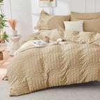 HYMOKEGE Khaki King Size Comforter Set Seersucker 7 Pieces, All Season Luxury Bed in a Bag for Bedroom, Bedding Set with Comforter, Sheets, Pillowcases & Shams