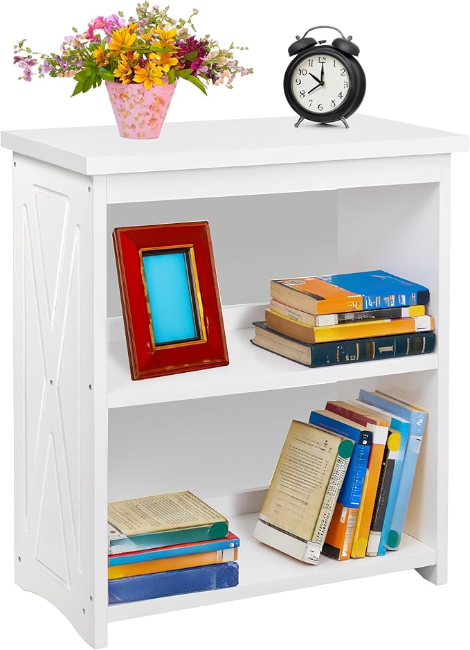 Natural Wood Bookshelf, 3 Tier Bookcase, Freestanding Display Storage Shelves Open Bookshelf for Bedroom, Living Room and Office (White, Table with Back)