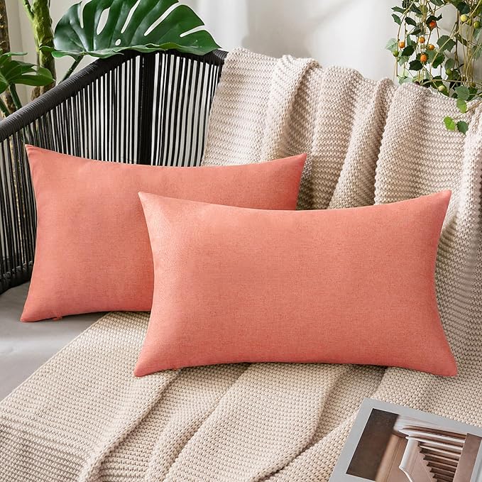 MIULEE Pack of 2 Decorative Outdoor Solid Waterproof Throw Pillow Covers Spring Valentine Faux Linen Garden Farmhouse Cushion Cases for Patio Tent Balcony Couch Sofa 20x12 Inch Blush Pink