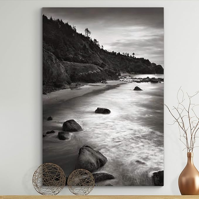Renditions Gallery Canvas Nature Wall Art Home Paintings & Prints Vintage Rocky Shore Black & White Glam Scenic Wall Hanging Artwork for Bedroom Living Room Office Kitchen - 12"x18" LT06