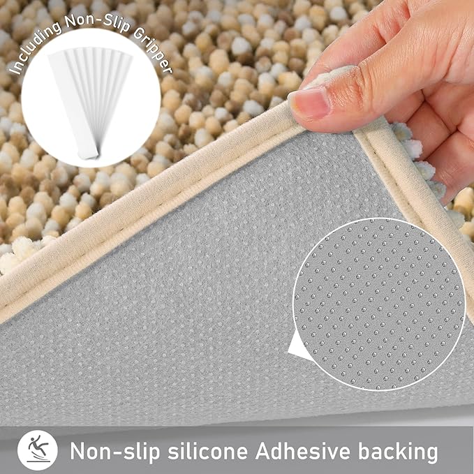 Yimobra Luxury Bathroom Rugs, 47x24, Extra Soft Chenille Mats for Bathroom Non Slip, Fluffy Long Matts for Tub, Plush Shaggy Carpet Runner, Water Absorbent, Machine Washable, Beige & Light Coffee