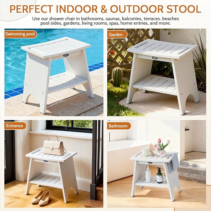 Shower Benches for Inside Shower to Sit On, Shower Stool for Shaving Legs, 500lbs Shower Chair with Space-Efficient Storage Shelf, Waterproof Shower Seat for Spa Bathroom, Indoor or Outdoor 18”x17”