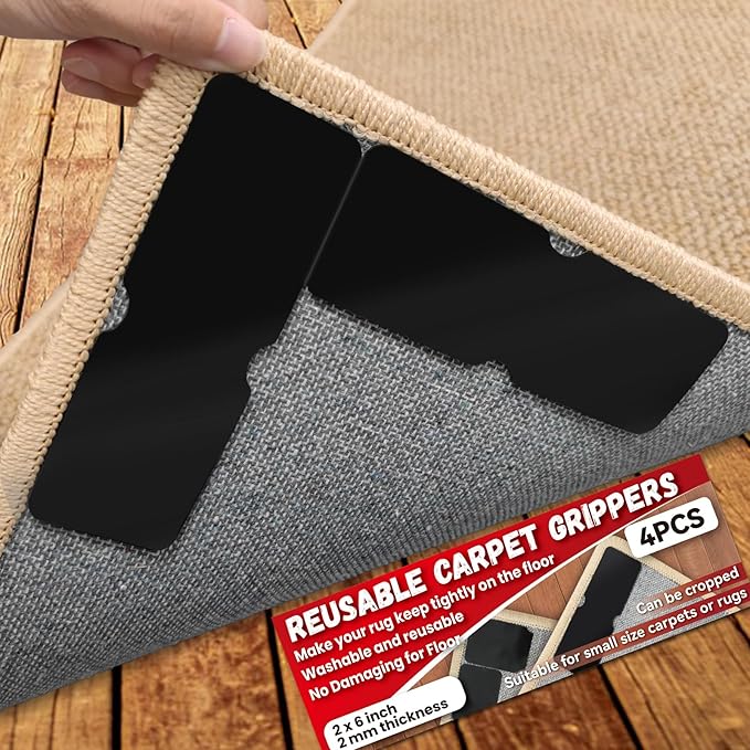 Rug Carpet Non Slip Grippers, Reusable Rug Tape Stickers Pads for Hardwood Floors and Tiles, Double Adhesive Carpet Grippers for Area Rugs Corners Flat, No Damaging for Floor Removable, 4Pcs