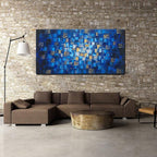 MyArton Large Thick Abstract Dark Blue add Golden&Silver Square Wall Art Hand Painted Artwork Textured Oil Painting on Canvas Framed Ready to Hang 60x30inch