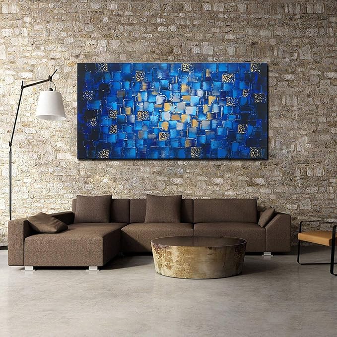MyArton Large Thick Abstract Dark Blue add Golden&Silver Square Wall Art Hand Painted Artwork Textured Oil Painting on Canvas Framed Ready to Hang 60x30inch