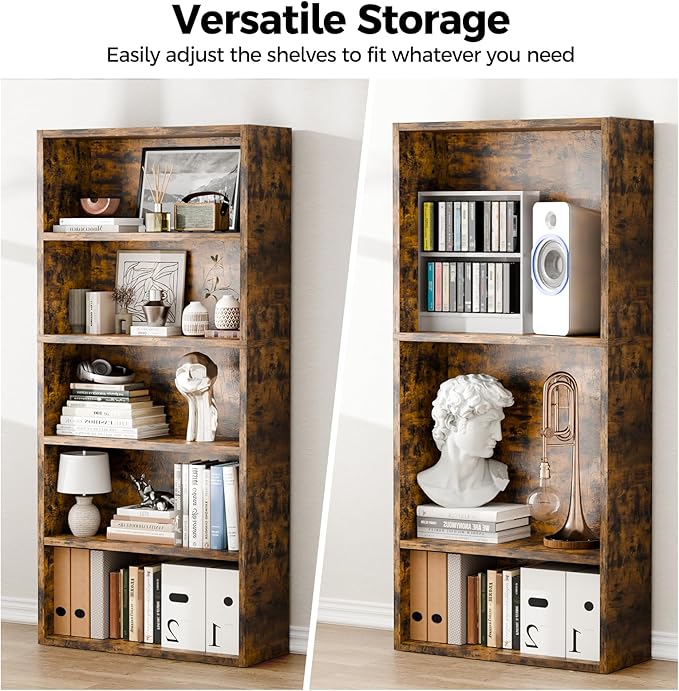 5-Tier Bookcase and Bookshelves, Freestanding Wood Bookshelf, 53" Tall Bookcase with Adjustable Shelves, for Living Room, Bedroom, Home Office, Retro Brown