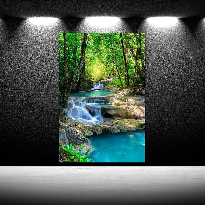 iKNOW FOTO 16x24 Single Piece Canvas Wall Art Nature Landscape Pictures Green Forest Waterfall Poster Canvas Prints Framed Artwork Spa Bathroom Bathroom Room Decor