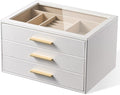 pickpiff Jewelry Box Organizer Case for Women: 3-Layer Jewelry Storage Case with Glass Window, Pure White Leather with Velvet Holder for Ring Necklace Bracelet Brooch Watch, Great Gift for Her