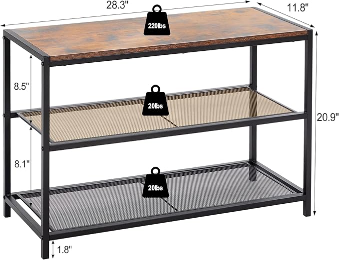 DUMOS 3-Tier Shoe Bench with Storage, Industrial Entryway Sturdy Shoe Rack Organizer Bench with Mesh Shelves for Entryway, Hallway & Living Room, Easy Assembly, Rustic Brown