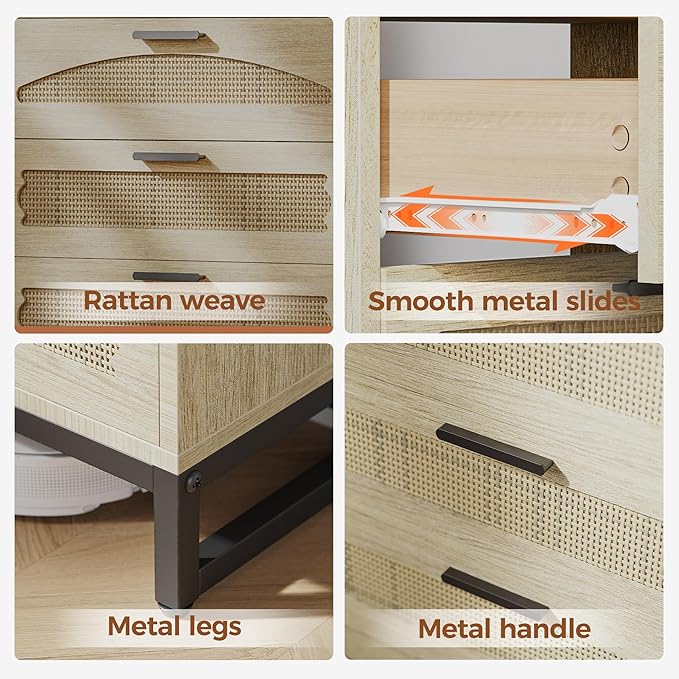 Mericonia 6 Drawer Double Dresser for Bedroom, Rattan Chest of Drawers, Modern Wooden Dresser Chest with Metal Frame for Bedroom, Living Room, Hallway and Entryway, Oak