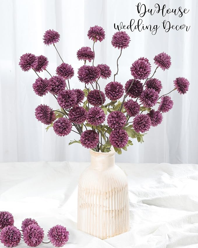 DuHouse 6pcs Artificial Flowers Faux Silk Pompon Mum,Silk Small Mini Chrysanthemum Ball with Stems for DIY Bouquets Centerpieces Vase Home Table Kitchen Decorations(Plum)