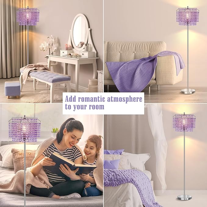 Crystal Floor Lamp Purple, 64" Tall Standing Lamps with Double-Layer Lampshade, Elegant Floor Lamp with On/Off Foot Switch, Standing Lamps for Living Room, Bedroom, Dresser, Office, Bulb Included
