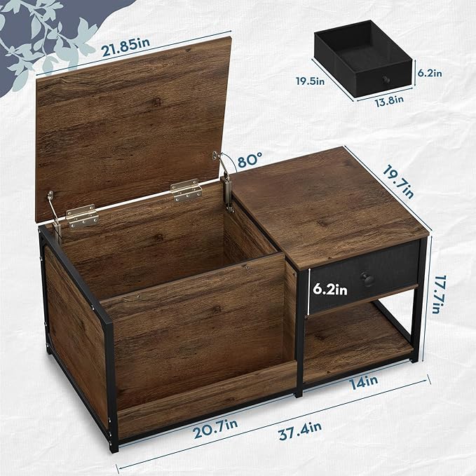 SINPAID Coffee Table with Storage, Rectangular Coffee Tables for Living Room, Farmhouse Coffee Table with Hidden Storage Compartment and Adjustable Shelves, Walnut