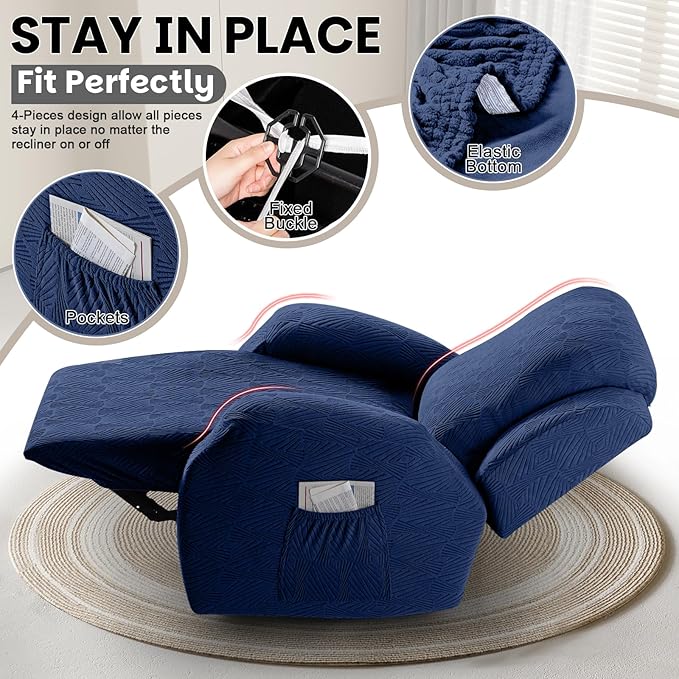 VANSOFY Oversized Recliner Chair Covers, 4-Pieces Stretch Recliner Cover Jacquard Soft Reclining Chair Slipcover Furniture Protector with Elastic Bottom for Lazy Boy Recliner(Dark Blue)
