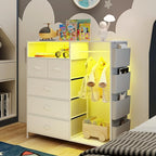 Dresser for Bedroom with Clothes Rack Side Pockets White 5 Drawers Dresser with Charging Station LED Lights Sturdy Steel Frame Wood Top Organizer Unit for Nursery Hallway Closet