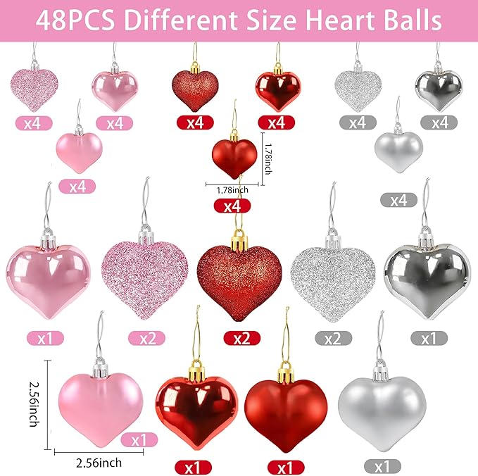 48PCS Heart Ornaments for Valentines Day Decorations, 2 Sizes Heart Shaped Ornaments for Christmas Valentine Tree, Red Pink Silver Glitter Hearts Hanging Decorations for Valentines Day Decor