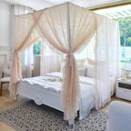 AIKASY Elegant Lace Princess 4-Poster Bed Canopy Mosquito Net - Romantic Wedding Bridal Bedroom Decor, Kids Room Bed Curtain for Women Adults - (Cream-1,Queen)