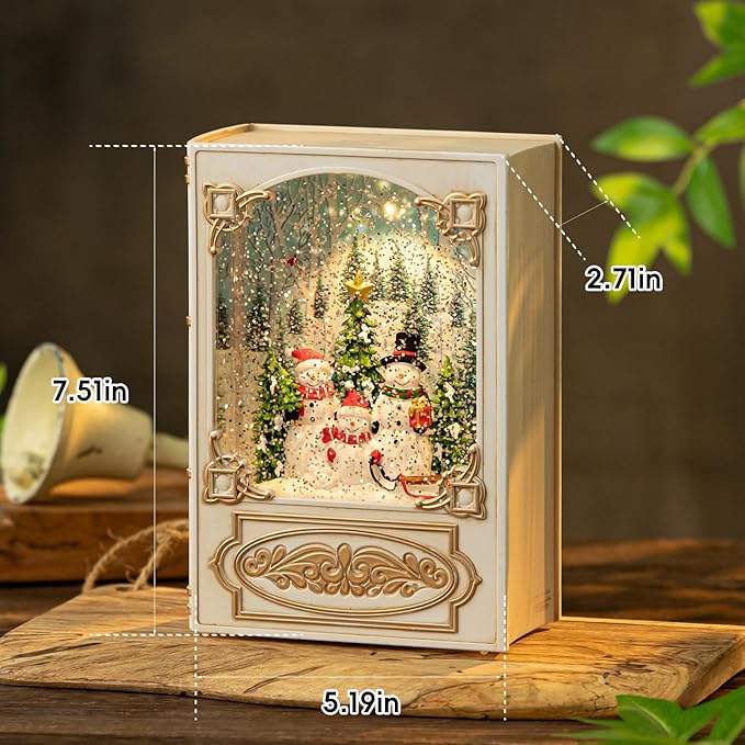 Christmas Snow Globe, Book Lantern with Snowman & Santa Claus – Vintage 8 Songs Musical Box, Automatic Snowfall, Led Light, USB Powered,for Christmas Festival Home Fall Decoration Gifts, Beige