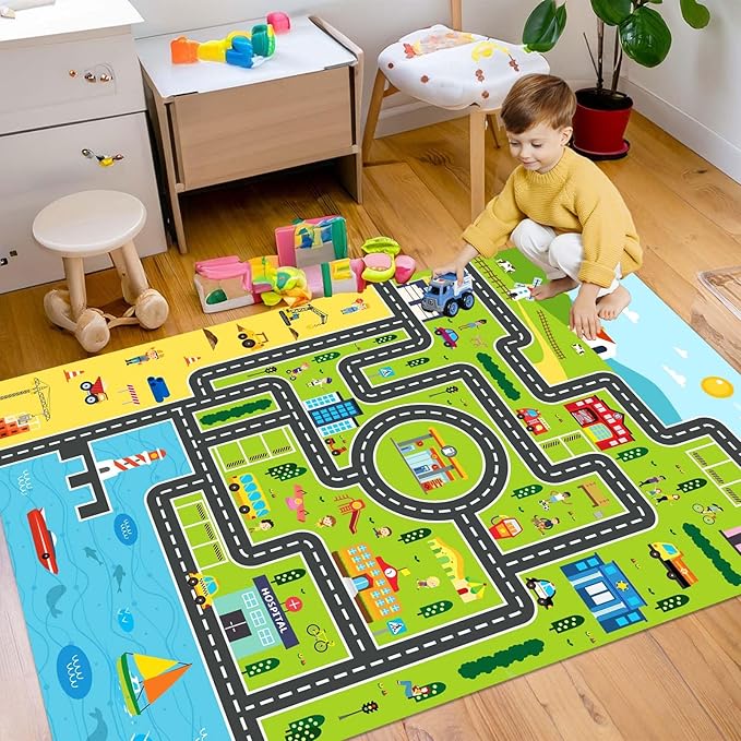 Kids Rug Playroom Car Rug Play Mat City Life Road Rugs Fun City Map Carpet for Bedroom(Green-Rug, 3.3x4.9ft)