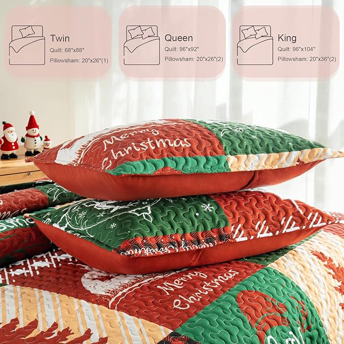 Whale Flotilla Patchwork Quilt King Size, Soft Boho Christmas Bedspreads for Bed Reversible Lightweight King Quilt Bedding Set Coverlets with 2 Pillow Shams for All Seasons, Happy Christmas