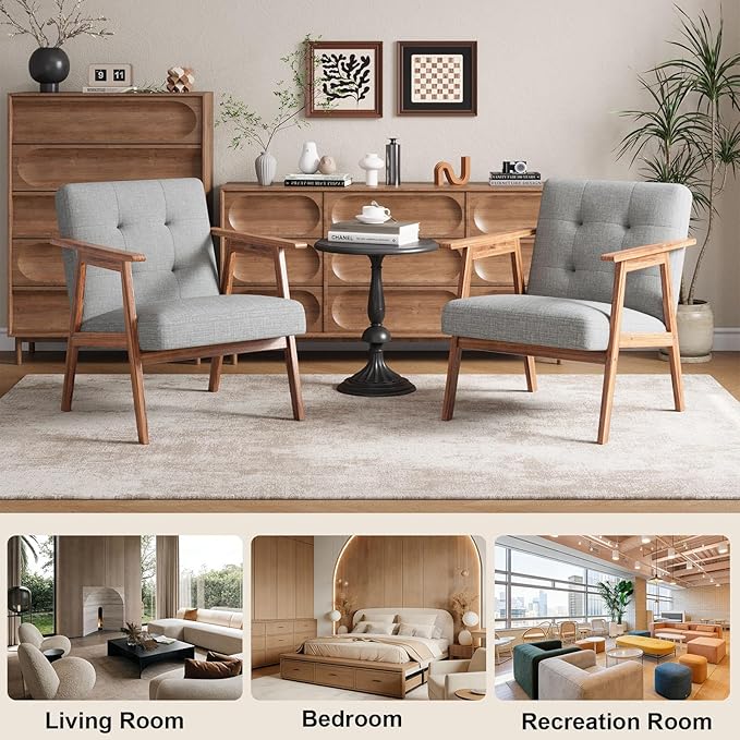 Mid Century Accent Chair, Upholstered Fabric Lounge Chair with Walnut Finish Frame for Living Room, Comfortable Sofa Chairs in Gray