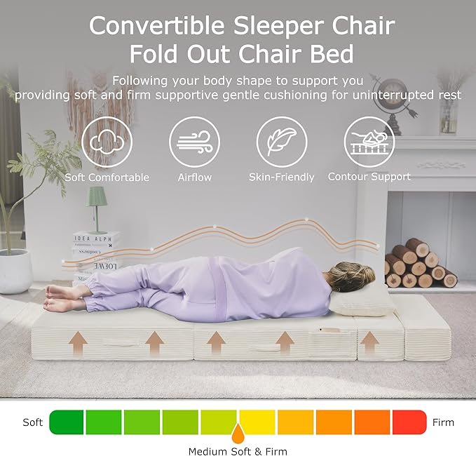 Folding Sofa Bed, 4 in 1 Convertible Sleeper Chair with Pillow, Twin Memory Foam Fold Out Chair Bed, Modern Floor Futon Sofa Couch Mattress for Living Room/Guest/Apartment, Beige