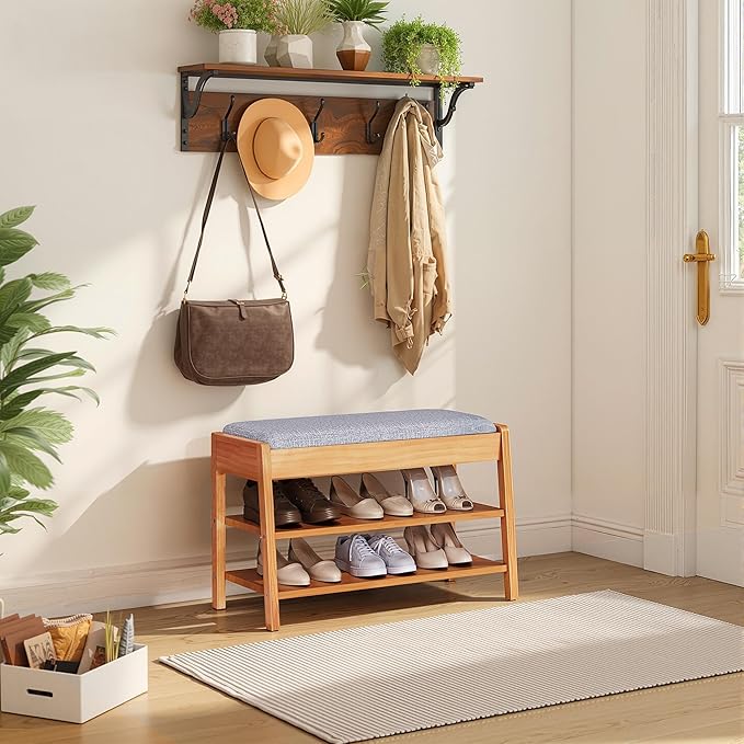 PARTPHONER Shoe Rack Bench with Storage, 2-Tier Solid Wood Entryway Bench with Cotton-Linen Cushion, Multipurpose Storage Organizer Bench for Bedroom, Hallway, Living Room, 31.5”