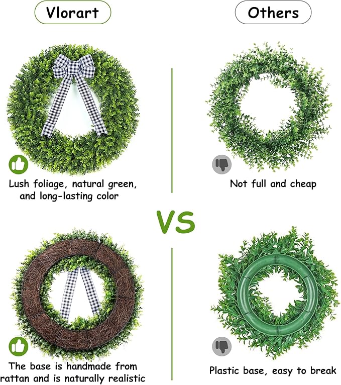 Vlorart 32" Faux Round Boxwood Wreath, Artificial Large Boxwood Wreath Front Door Wreaths Artificial Spring Summer Greenery Hanging with A Plaid Bow for Villa Wall Hanging Window Wedding Party Decor