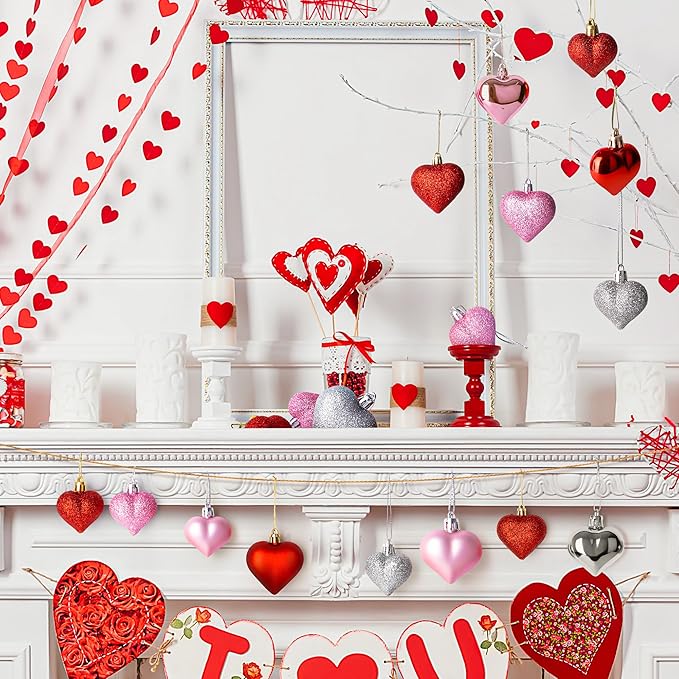 Heart Decorations, 48pcs Heart Shaped Ornaments, Glitter Red Heart Shaped Hanging Baubles, Romantic Pink Glossy Valentines Decor for Outdoor Indoor Party Wedding Engagement Lover