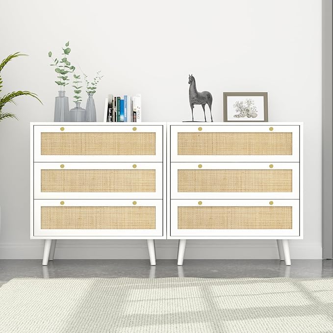 Anmytek White Dresser for Bedroom with 3 Drawers, Modern Wood 3 Drawer Dresser, White Chest of Drawer with Spacious Storage Rattan Dresser for Bedroom H0072