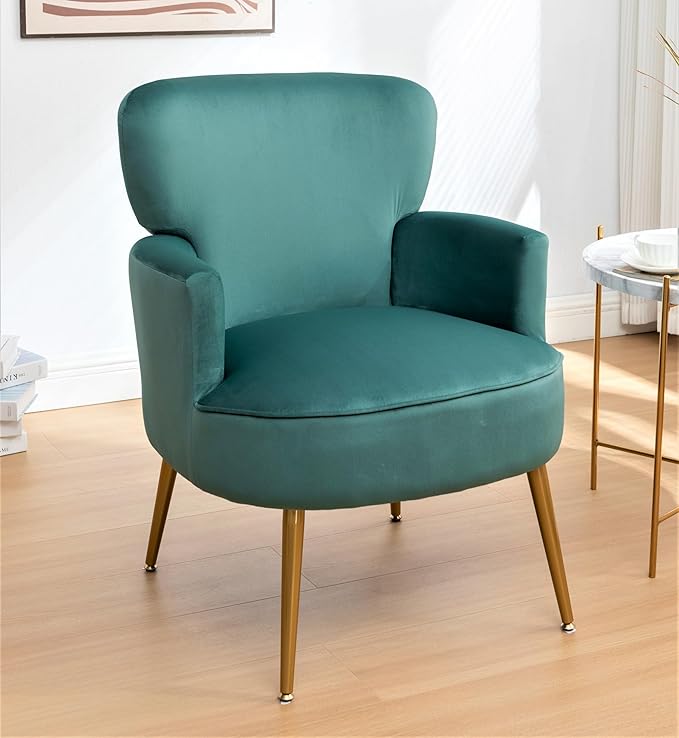 Trendy Velvet Accent Chair with Gold Metal Legs, Upholstered Armchair for Small to Mid-Size Spaces, Modern Living Room, Bedroom, Vanity Desk and Entryway, Mint Green