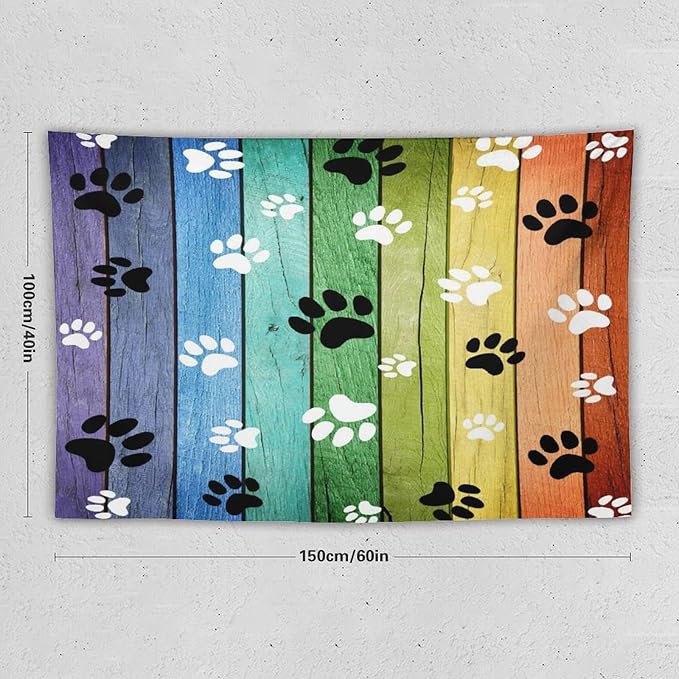 VUMIVI Dog Paw Tapestry Vintage Rustic Colorful Barn Boards Black White Animal Footprints Tapestry Wall Hanging for Living Room Bedroom Dorm Classroom Aesthetic Decor W60xL40in