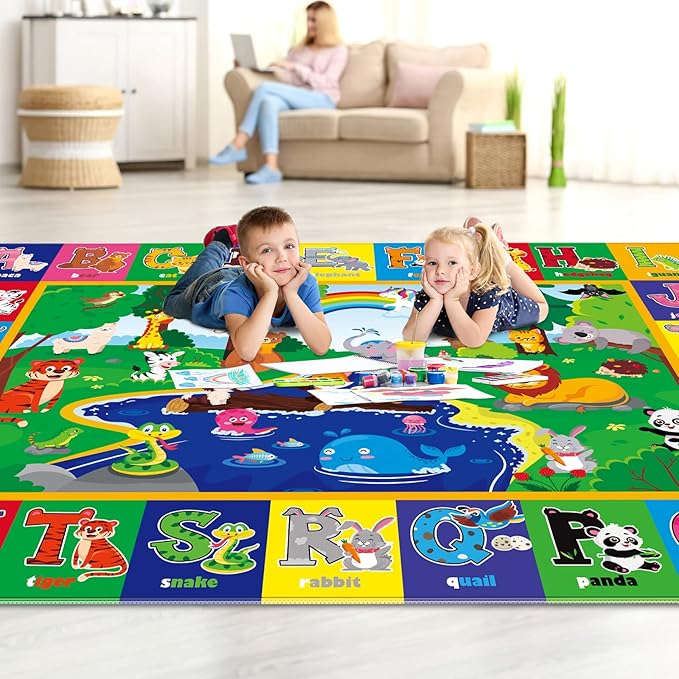 ABC Kids Rug 9'8" x 6'5", Kids Rugs for Playroom Classroom Carpet with Anti-Slip Back, Educational Preschool Rugs with ABC Animals, Extra Large Thick (9'8" x 6'5", Style 7)