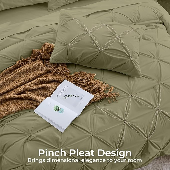 Sasttie California King Comforter Set, 7-Piece Bed in a Bag, Pintuck Bedding Sets for All Season, Includes Comforter, Flat Sheet, Fitted Sheet, Pillowcases and Pillowshams, Olive Green