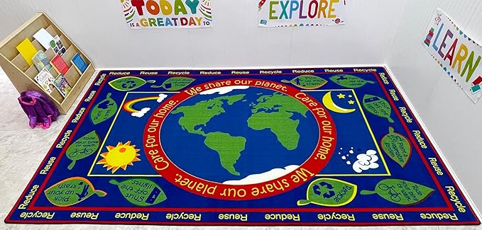 KIDCARPET.COM Earth Educational Rectangle Classroom Rug | Bordered Area Rug for Preschool Daycare Learning, 6' x 8'6"