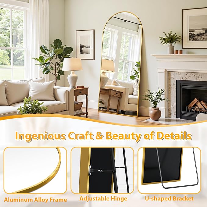 Full Length Mirror, 58"x18" Oversized Floor Mirror Freestanding, Full Body Mirror Floor Standing Mirrors with Stand, Hanging Mounted Mirrors for Bedroom Living Room, Gold, Arched Style