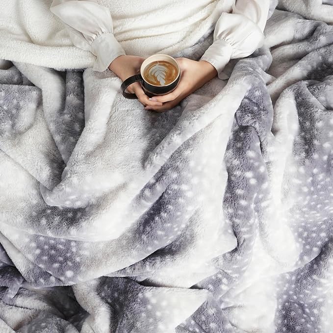 Cozy Bliss Luxury Faux Fur Throw Blanket Deer Print, Non Shedding Reversible Sherpa Blankets Super Soft Fuzzy Thick Warm Throws Home Decor for Christmas Couch Bed Sofa Women (Grey, 60x80 Inches)
