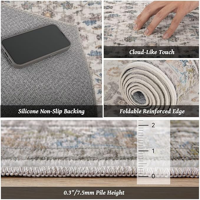 Washable 5x7 Area Rugs for Living Room, BoHo Non-slip Vintage Distress Rugs for Bedroom Dining Room Nursery Office, 0.3" Neutral Oriental Throw Thin Carpet with Cushioning Pad, Cream/blue/Orange/Multi