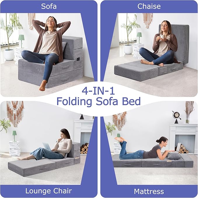 Folding Sofa Bed, 4 in 1 Convertible Sleeper Chair with Pillow, Single Memory Foam Fold Out Chair Bed, Modern Floor Futon Sofa Couch Mattress for Living Room/Guest/Apartment, Light Gray