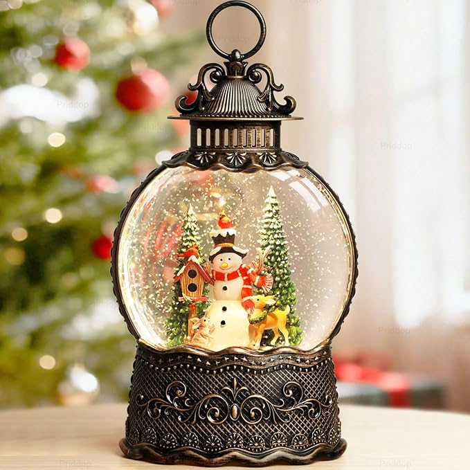 Snowman Snow Globe Christmas Decorations Indoor Deer Cardinal Snowman Gifts Classic Relief Texture Musical Glitter Snowfall USB/Battery Timer Lantern 10.6 inch