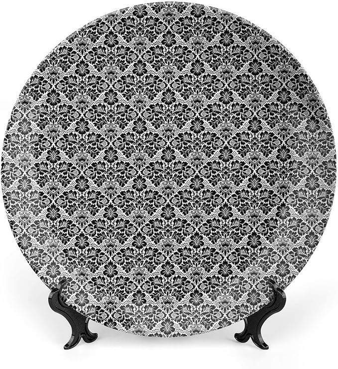 XISUNYA 6 Inch Decorative Plate, Victorian Ceramic Plate, Antique Ancient Swirls and Flowers Print Ceramic Wall Hanging Decor Accessory for Dining Table Tabletop Home Decor, Black and White