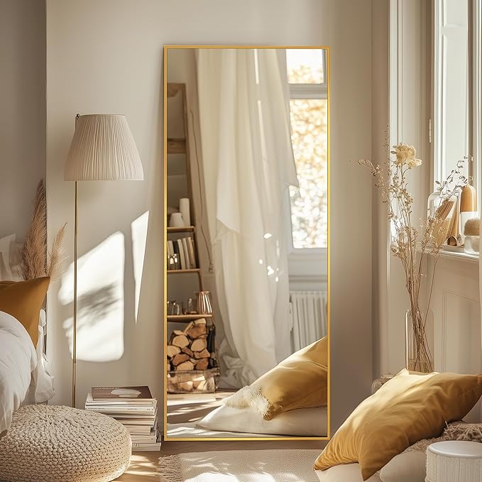 Full Length Mirror, 58"x18" Oversized Floor Mirror Freestanding, Full Body Mirror Floor Standing Mirrors with Stand, Hanging Mounted Mirrors for Bedroom Living Room, Gold, Rect Style