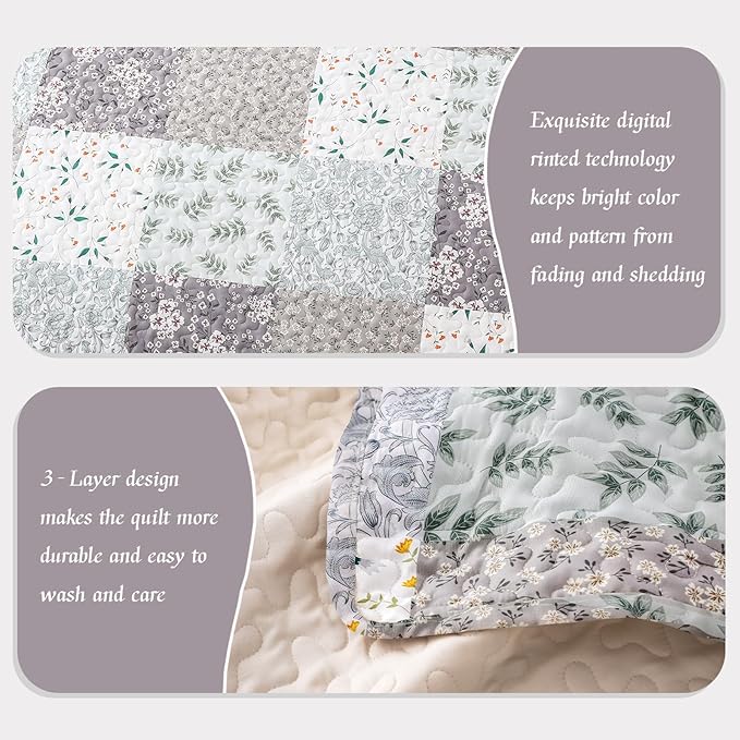 Whale Flotilla Patchwork Quilts Queen Size, Extra Soft Boho Floral Bedspreads for Bed Reversible Lightweight Full Queen Quilt Bedding Set Printed Coverlets with 2 Pillow Shams for All Seasons, Grey