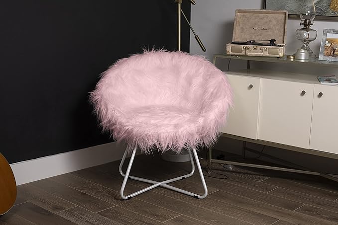 BIRDROCK HOME Faux Fur Papasan Chair with Black Legs - Luxuriously Soft & Lightweight - Wide Cushion Seat for Playroom, or Living Room - Moon Chair - Metal - Fluffy Round Seat - Circle - Pink
