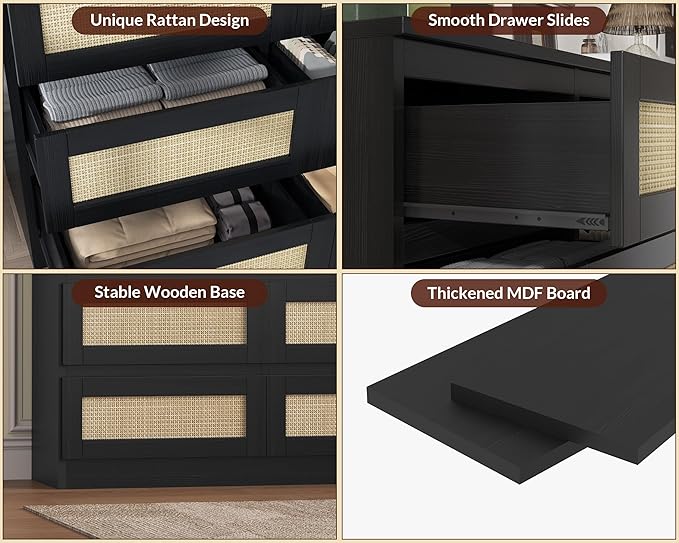 47 Inch Rattan 8 Drawer Dresser, Modern Farmhouse Chest of Drawers, Tv Stand Dresser Accent Furniture for Living Room, Bedroom, Entryway