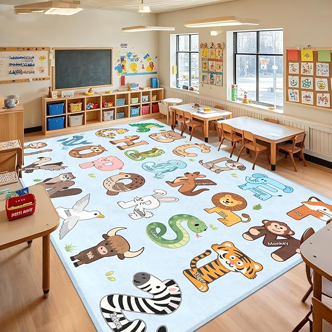 Kids Rugs for Playroom Classroom - 8x10 Feet Large ABC Rugs Kids Preschool Educational Learning Animals, Alphabet Rug for Children Toddler Nursery Kindergarten Decor, Blue