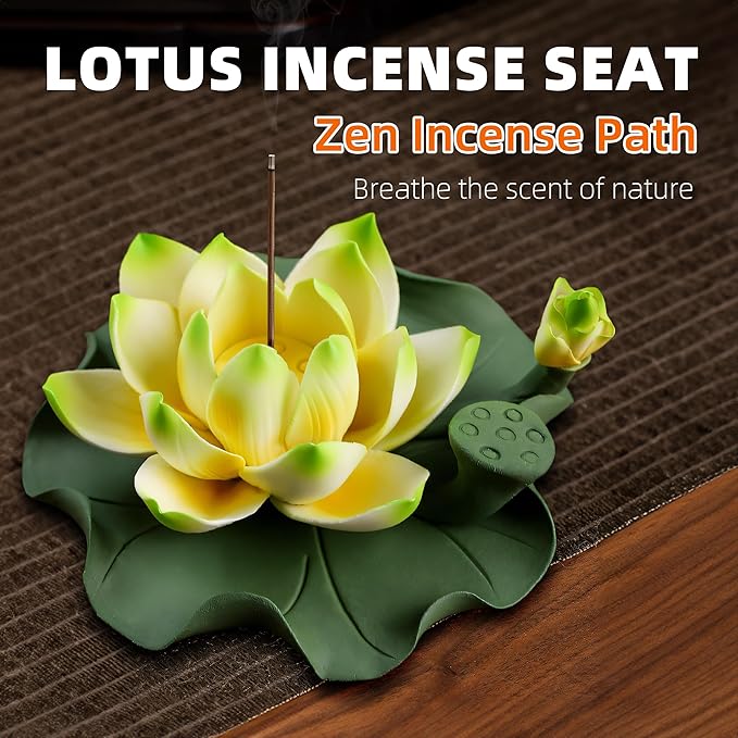 Lotus Incense Burner - Incense Burner Holder for Home Incense Holder Decor Incense Holder for Sticks Yoga, SPA(Z4-Green Yellow)